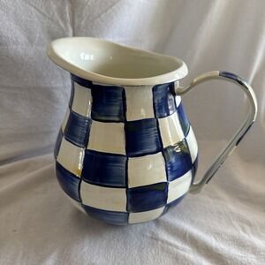 Mackenzie Childs Blue Courtly Check Enamel Water Pitcher Enamel On Metal 8.5"